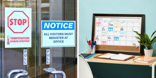 Two images side by side. One image shows an example of what to expect from offices trying to help employees stay healthy with Avery wall decals used to create temperature check and notice signs on an office building door. The other image shows a desk with a whiteboard calendar, Avery labels and Avery dry erase markers used to make a family schedule to communicate office and wfh days