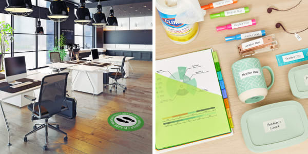 office open space with floor decals clorox sanitizing wipes desk items