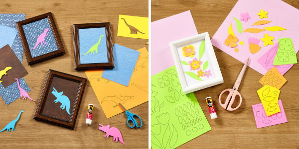 two images side by side showing paper art project crafts for kids using avery products one image shows silhouettes of dinosaurs made with avery templates blank post cards and avery glue sticks and one shows the same supplies used to make floral artwork