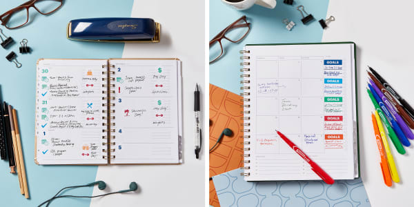 Two images side by side. On the left is a contemporary modern blue and white desk showing Avery planner stickers being used in a work planner to note recurring events. On the right is the same desk with a planner open to a page for goals. Goals are tracked and color coded using Avery labels and colorful Marks A Lot ultra-fine point permanent markers.