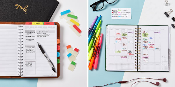 Two images side by side. Left image shows a contemporary modern blue and white desk with an open planner. Avery Ultratabs are used across the top to index months and mini UltraTabs are used down the side to organize quarters. Right image shows Avery highlighters used in a planner for color coding.