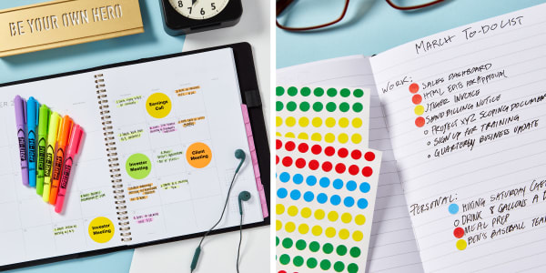 Two images side by side, both with contemporary modern blue and white desktop. On the left a planner is open on the desk top and surrounded by common office supplies including Avery Hi Liters. In the planner are color coded Avery labels. On the right is a close up of a free-form notebook planner with a to-do list. Avery color coding dots are used to color code the list. 