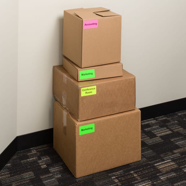 flourescent moving boxes labeled