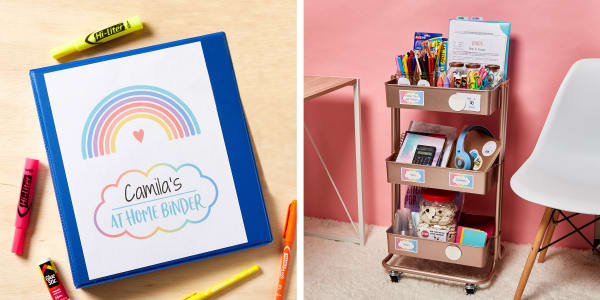camilas at home binder highlighter school supplies in metal supply cart