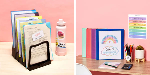 clean organized bright fun desk for kids with inbox outbox back to school idea to help you get organized for distance learning plus diy wall schedules for kids and colorful binder covers