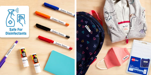 light wooden table with avery school supplies featuring avery labels that are safe for disinfectants next to kids school stuff including backpack sweatshirt and face mask all labeled with avery machine washable fabric labels