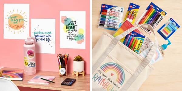 bright fun school supplies personalized with avery templates for diy laptop stickers water bottle and phone next to a teacher gift full of colorful avery school supplies in a custom tote made with avery fabric transfers