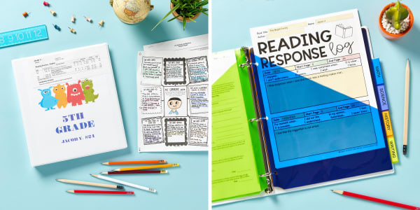 Two images side by side. Left image shows an Avery binder with a fifth grade cover sheet using cute colorful monster graphics from Avery Design and Print Online software and a teacher’s note tucked in the cover pocket. The binder is sitting on a Tiffany blue background surrounded by school supplies and worksheets. Right image shows a close up inside the binder, which includes plastic Avery dividers with pockets and big tabs.