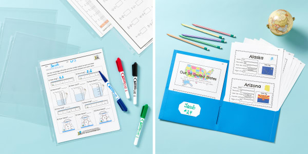 Two images side by side, both on a Tiffany blue background. Left image shows Avery sheet protectors and Avery dry erase markers used to make reusable school worksheets. Right image shows an Avery folder used to organize school reports on the 50 states. The reports are surrounded by colorful pencils and mini desk globe.
