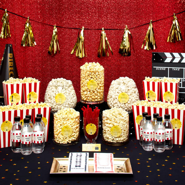 A movie-snack display is personalized with printable Avery labels and name badges.