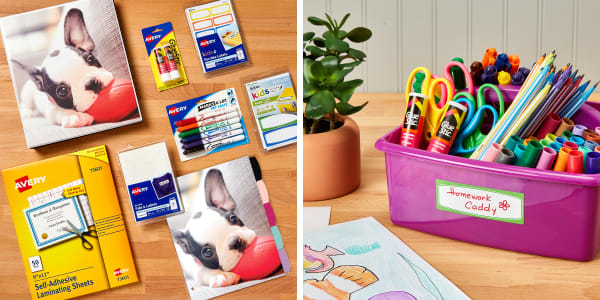Avery school supplies for elementary aged kids including puppy binders, self-laminating sheets, durable cleanable labels and a variety of writing instruments and glue sticks. 