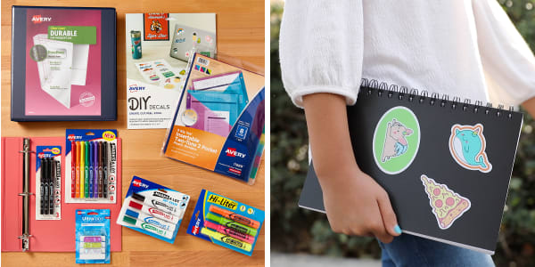 Avery school supplies for a back-to-school checklist for middle schoolers and junior high. Items include basics like markers, binders and dividers along with DIY decals and sparkly UltraTabs for personalization.