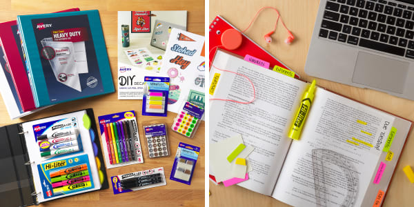 High school back to school checklist. Includes durable binders and dividers to last all year, DIY decals for personalization, and a variety of markers, tabs and highlighters for more sophisticated study. 