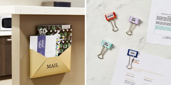 A gold-colored wall organizer and colorful binder clips decorated with Avery labels to create easy mail organizers.