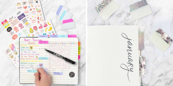 A colorful collection of Avery planner stickers and sparkling metallic Avery Ultra Tabs on a marble desk