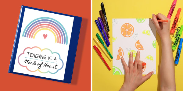 Two images side by side. Left side shows an Avery school binder on a bright red background. The binder has a printed binder cover sheet with a rainbow that reads Teaching is a Work of Heart. Right side shows a bright yellow background with someone drawing an orange, lemon and lime print on a binder cover sheet using Avery Hi-Liters and Marks A Lot ultra fine tip markers.