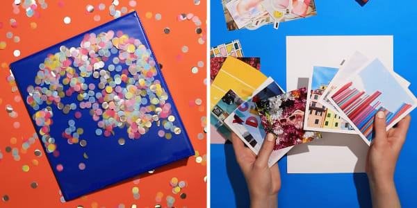 Two images side by side. Left side shows a blue durable Avery school binder on a bright orange background. The clear plastic cover pocket on the binder has been filled with chunky iridescent glitter. Right side shows a blank binder cover sheet on a bright blue background with someone sorting through pictures for a photo collage.