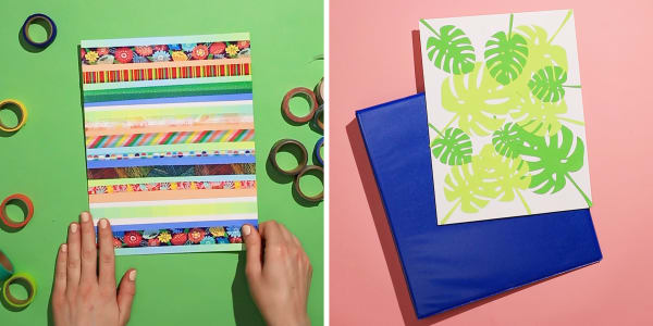 Two images side by side. Left side shows a bright green background with someone finishing a striped binder cover sheet idea using a variety of different washi tapes. Right side shows a blue durable Avery school binder on a bright salmon pink background with a binder cover sheet made by layering die cut leaf shapes in different shades of green.