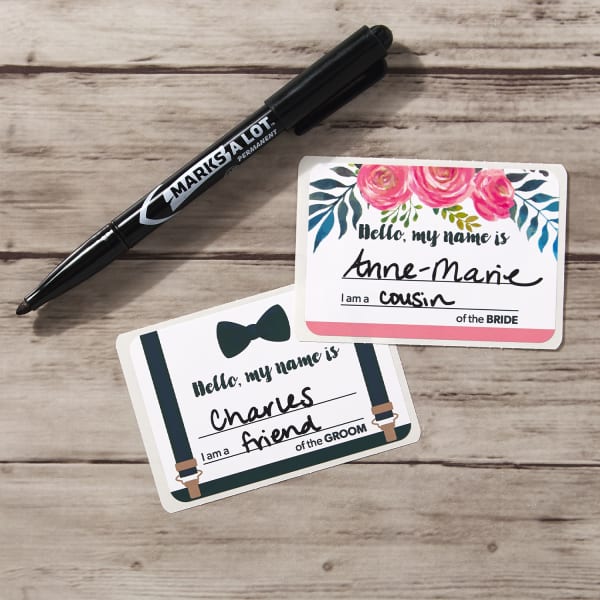 bride and groom floral tuxedo name tags