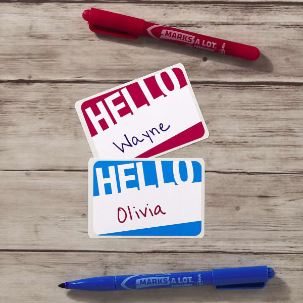 bold modern blue and red hello my name is nametag