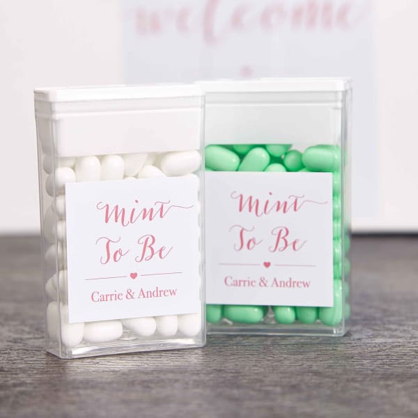 An example of mints used for wedding party favors is shown with Avery 22805 labels that read "Mint to Be" on boxes of mints.