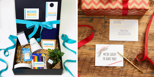 work from home gift idea for coworkers shown in a box with matching gift labels made using avery templates next to a custom greeting card made with printable notecards and addressed with gold mailing labels