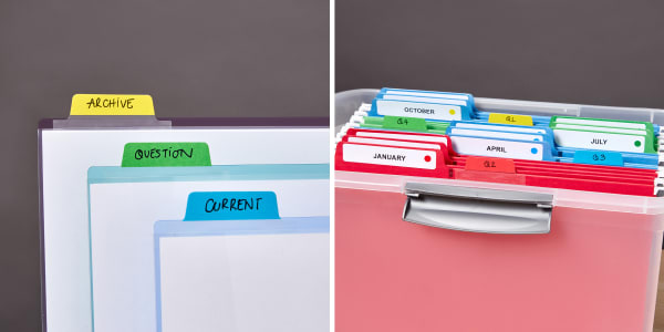 An organizer filled with file folders and financial documents carefully organized with Avery Ultra Tabs and file folder labels.