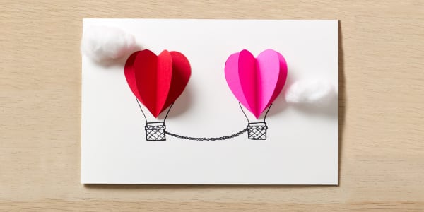 3d valentine card with heart shaped hot air balloons connected together made with blank avery greeting cards and postcards