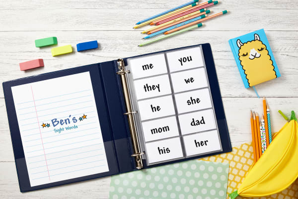 ben's site words cards in binder eraser pencil banana holder llama notebook