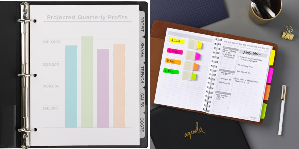 two images showing how to organize video conferencing materials one shows a quarterly report for projected profits neatly organized and accessible in an avery binder the other shows a personal planner with avery ultratabs to quickly reference notes during the video call