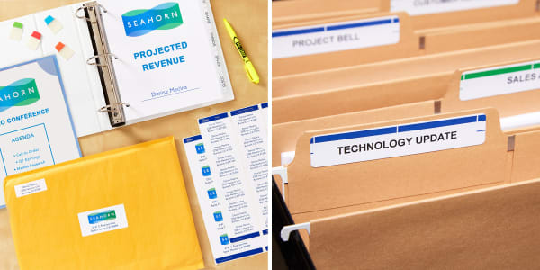 two images showing supplies for preparing for video conference calls one image shows a projected revenue report and meeting agenda ready to be shipped to clients using avery shipping labels the other image shows color coded file folder labels used to organized reference materials and technology manuals for video conference calls