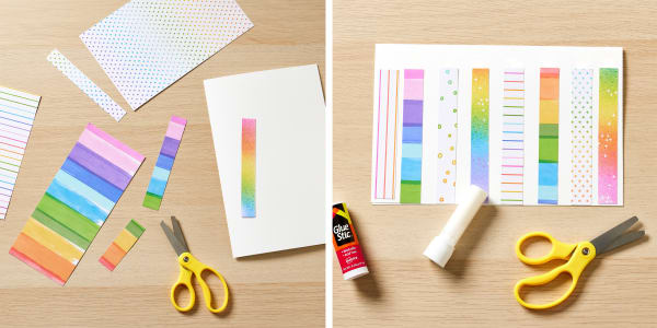 step one and two of how to make a birthday card with birthday candles on it shows cutting colorful paper into strips and gluing it to the front of a blank avery greeting card