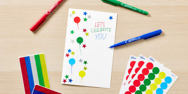 example of a birthday card kids craft made with avery labels star stickers and blank greeting cards used to create balloons and stars in primary colors