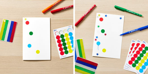 step one and two of how to make a birthday card with balloons showing avery color coding dots to make the balloons markers to draw balloon tails