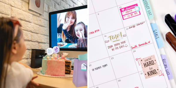 two images side by side showing tips for staying motivated during quarantine one image shows little girls having a zoom birthday party and the birthday girl has a mermaid party cake with diy cake toppers made with avery labels and a gift decorated with a gift tag made using avery templates