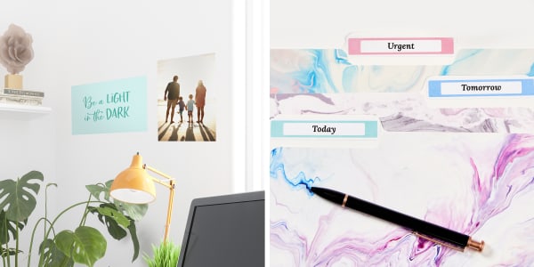 two images side by side showing tips for staying motivated at home one image shows motivational posters made with avery surface safe wall decals and the other shows file folders neatly organized with avery labels showing how accomplish small tasks like organizing paper clutter