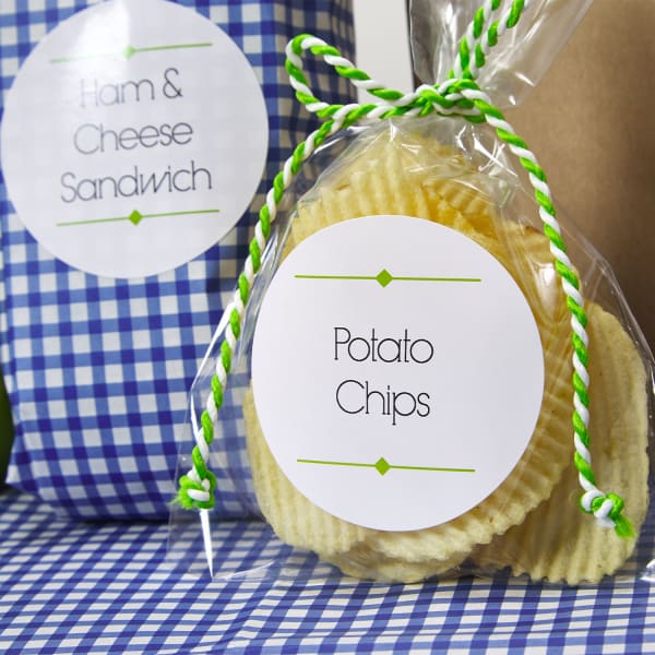 individually packed potato chips with round labels