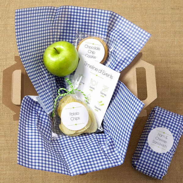 picnic basket with blue tablecloth and apple