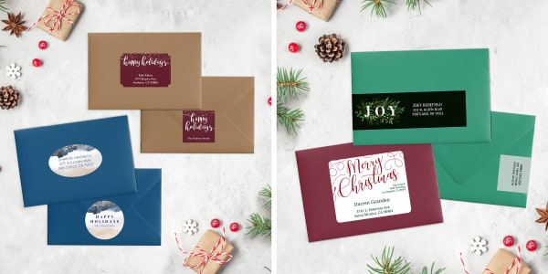holiday cards decorated with avery templates for Christmas card labels in various shapes and sizes all shown on a white background with festive holiday accents