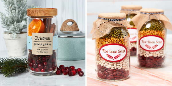 Sets of jars decorated with Avery labels and filled with brightly colored ingredients for creating festive scents and savory soups