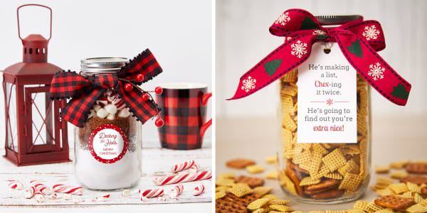 Red and white modern contemporary rustic display with a cocoa Mason jar gift made using Avery templates for Avery labels next to a Chex Mix gift in a jar made with Avery templates and printable gift tags