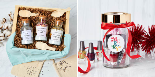 A wooden box with three tub tea blends in glass jars resting on crinkle cut filler paper and a chic jar filled with small beauty gifts labeled with customized Avery templates
