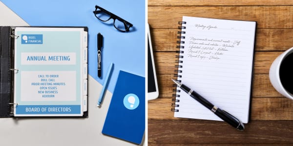 Two images side by side contrasting a formal meeting agenda and an informal meeting agenda. The formal meeting agenda uses Roberts Rules of Order and is presented in an Avery binder with Avery Print and Apply dividers. The second image shows a notebook with a handwritten meeting agenda for an informal meeting.