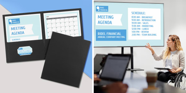 Two images showcasing individual and public ways to present a meeting agenda to attendees. The first image shows a meeting agenda in an Avery folder with a matching business card laid flat on a desk and the other image shows a meeting agenda displayed on a screen in a meeting room while a woman using a wheelchair gestures to the screen.