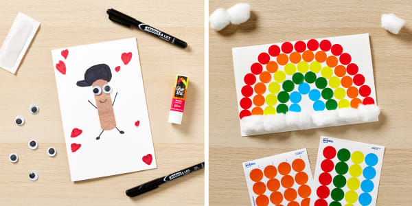 cute get well soon card with a bandage person and a rainbow dot greeting card both made with avery blank greeting cards and office supplies shown on a modern light wood table