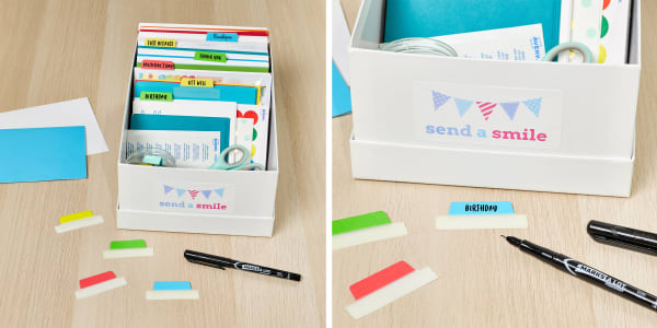 DIY greeting card organization in a shoebox. The contents of the box are organized using Avery UltraTabs 74768 and the front of the box is labeled with Avery label 8253.