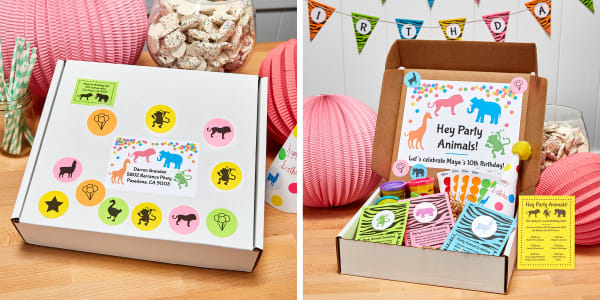 birthday gift box labels round rectangle jungle theme party animals zebra stripe