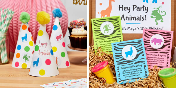 birthday hat rainbow animal labels round zebra party money cupcakes box