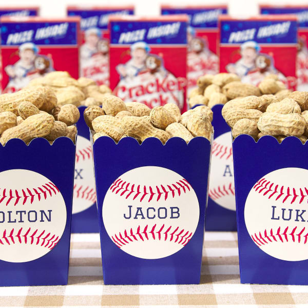 Peanuts, popcorn, cracker jack baseball party snacks