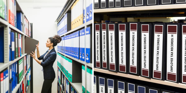Two images side by side showing an organized records storage system. One shows an employee pulling a binder from a shelf of color-coded binders. The other shows rows of Avery binders that are customized with printed spine inserts
